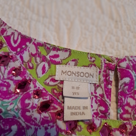 Monsoon girls size 11-12 years pink & lime tunic gems on top sequins on bottom - Picture 2 of 7